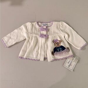 Hartstrings Baby  Knit Bear Cardigan - White with Lilac Accents